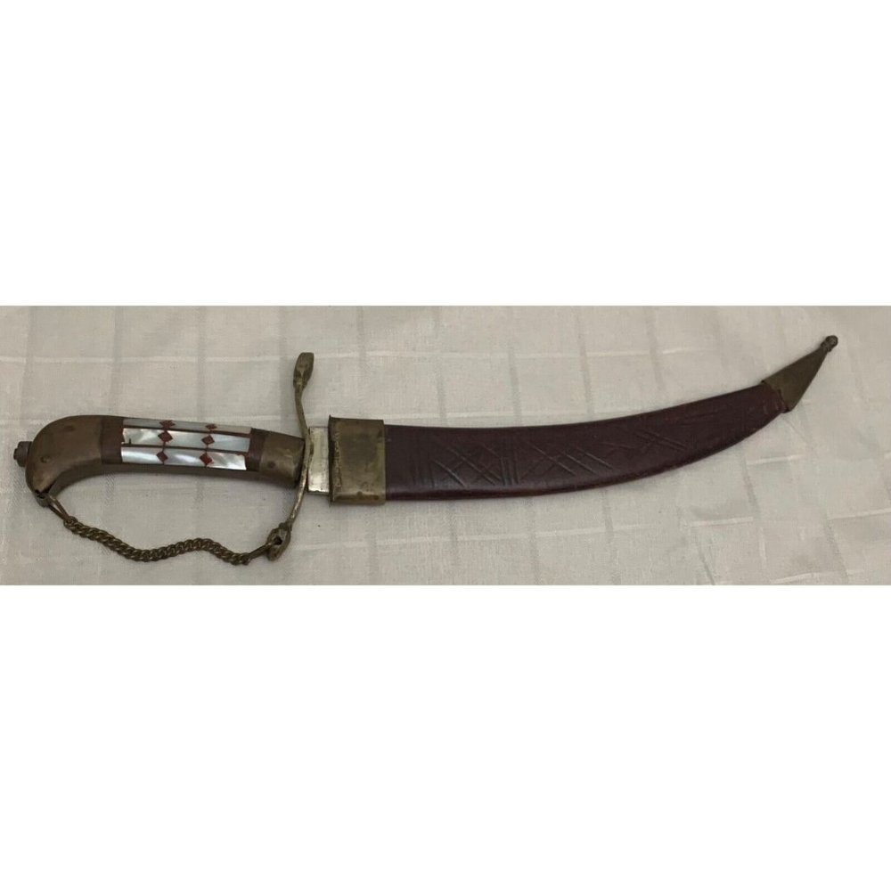Antique Kirpan CURVED Dagger Knife Blade w Leather Sheath 12 in Mother of Pearl